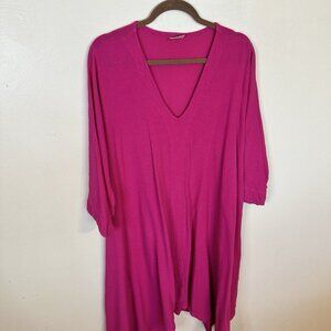 Cecilia Natural Womens Midi Dress Hot PInk Gauzy Beach 3/4 Sleeve Pockets Large